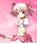  aozora_(syun8823) blush bow bow_(weapon) choker gloves hair_bow hand_on_chest hand_on_own_chest highres kaname_madoka magical_girl mahou_shoujo_madoka_magica official_style pink_eyes pink_hair short_hair short_twintails smile solo twintails weapon white_gloves 