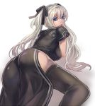  ass black_legwear blue_eyes bow dress from_behind hair_bow kanran_demel long_hair looking_back lowres mabinogi nao shadow solo thigh-highs thighhighs twintails wavy_hair white_hair 