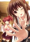  1girl 2girls :o :p absurdres bra breasts brown_eyes brown_hair choker cleavage hands highres index_finger_raised lingerie looking_at_viewer minamoto_rui multiple_girls outstretched_hand panties pink_bra raised_finger red_hair rui_wa_tomo_wo_yobu saeki_hokuto school_uniform thigh-highs thighhighs tongue trap underwear undressing wakutsu_tomo wink zettai_ryouiki 