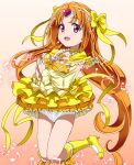 boots bow brown_hair bubble_skirt cure_muse cure_muse_(yellow) hair_bow heart homing_(areya) jumping long_hair magical_girl musical_note panties precure red_eyes ribbon shirabe_ako solo suite_precure underwear white_panties 