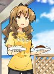  antenna_hair beach cloud curry drill_hair food fried_rice highres ocean shiguko shinryaku!_ikamusume sky solo sweat t-shirt tokita_ayumi waitress 