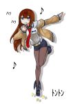  blue_eyes boots brown_hair dancing happy kikuta legwear_under_shorts long_hair makise_kurisu musical_note pantyhose pantyhose_under_shorts purple_eyes shorts simple_background solo steins;gate traditional_media 