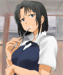  black_hair blue_eyes bow bust eating food food_on_face looking_at_viewer official_style orie shirafuji_kyouko short_hair short_sleeves solo spoon working!! 
