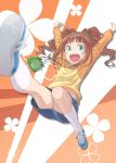  \o/ arms_up bag blurry blush_stickers brown_hair denim_skirt depth_of_field foreshortening frog green_eyes hair_ornament idolmaster miniskirt mofu open_mouth outstretched_arms purse shoes short_hair short_twintails skirt smile sneakers socks solo takatsuki_yayoi twintails white_legwear 