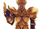 armor blonde_hair blood blood_on_face earrings fate/stay_night fate_(series) gilgamesh gold_armor gold_earrings gold_pauldrons hair_covering_eyes hair_over_eyes jewelry kkbkckdk male pauldrons short_hair solo