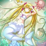  arm_up armlet blonde_hair bubble circlet hair_ribbon horseshoe_crab jewelry long_hair mermaid midriff miru navel octopus original pearl pointy_ears ribbon sleeping starfish twintails underwater very_long_hair white_mermaid 