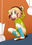  :p blonde_hair boots contemporary frog green_eyes hood kamo_nari kamonari_ahiru moriya_suwako no_panties open_mouth raincoat short_hair solo squatting teruterubouzu tongue touhou translated 