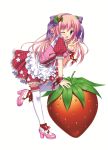  absurdres artist_request blue_eyes character_request copyright_request dress food fruit hairband highres long_hair nanami_ayane open_mouth oversized_object pink_hair ribbon smile solo strawberry thigh-highs thighhighs v wink 