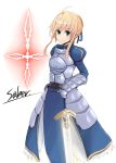  ahoge armor armored_dress blonde_hair character_name command_spell dress excalibur fate/stay_night fate/zero fate_(series) gauntlets green_eyes hair_ribbon ribbon saber solo sword togezo togezou weapon 