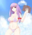  1girl bikini blush book breasts chestnut_mouth collarbone crescent_hair_ornament hair_ornament highres large_breasts long_hair looking_at_viewer navel patchouli_knowledge purple_hair solo surota swimsuit touhou very_long_hair violet_eyes 