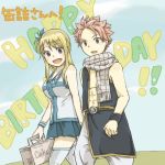  1girl :d blonde_hair couple erinan fairy_tail happy_birthday lucy_heartfilia natsu_dragneel open_mouth pink_hair scarf skirt smile translated 