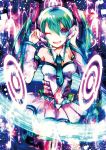  bad_id bare_shoulders blue_eyes blue_hair collar detached_sleeves green_hair hands_on_headphones hatsune_miku headphones headset long_hair navel necktie sazanami_shione skirt smile solo thigh-highs thighhighs twintails very_long_hair vocaloid wink 