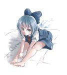  bad_id bare_legs barefoot blue_eyes blue_hair blush bow character_name cirno hair_bow lowres oekaki ribbon shift_(0808) short_hair signature simple_background sitting skirt skirt_set solo touhou wings 