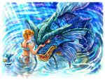  1girl ass bikini green_eyes gyarados horsea kasumi_(pokemon) kiwakiwa midriff orange_hair pokemon pokemon_(creature) pokemon_(game) pokemon_rgby short_hair side-tie_bikini side_ponytail swimsuit water 