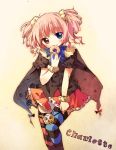  bad_id blue_eyes cape character_name charlotte_(madoka_magica) doughnut food heterochromia looking_at_viewer mahou_shoujo_madoka_magica mismatched_legwear personification pf pink_hair short_hair short_twintails skirt smile solo striped striped_legwear thigh-highs thighhighs twintails yellow_eyes zettai_ryouiki 