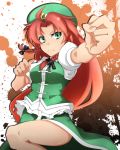  braid chinese_clothes fighting_stance green_eyes hat hong_meiling leg_slit long_hair mku red_hair redhead side_slit solo touhou twin_braids 