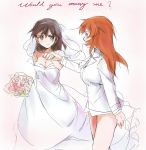  bouquet bridal_veil bride brown_hair charlotte_e_yeager dress elbow_gloves english flower formal gertrud_barkhorn gloves hand_holding hands_together highres holding_hands kisetsu long_hair multiple_girls orange_hair smile strike_witches suit veil wedding wedding_dress yuri 