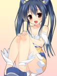  :d asa_no_ha bare_legs bare_shoulders blue_hair blush brown_eyes fairy_tail hair_ornament long_hair looking_at_viewer open_mouth smile solo twintails wendy_marvell 