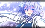  1girl blue_eyes breasts bust gradient gradient_background highres letterboxed letty_whiterock long_hair looking_at_viewer nekominase open_mouth shawl silver_hair snow solo touhou wind_lift 