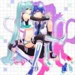  ahoge aqua_eyes aqua_hair blue_eyes blue_hair boots cat_tail cosplay detached_sleeves hatsune_miku headphones irono_yoita kaito kaito_(cosplay) kemonomimi_mode long_hair midriff navel project_diva project_diva_2nd smile tail thigh-highs thighhighs twintails vocaloid 
