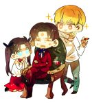  2boys age_difference chibi child couch facial_hair facial_mark fate/stay_night fate/zero fate_(series) father_and_daughter gilgamesh goatee marker multiple_boys orbe sleeping sparkle tohsaka_rin tohsaka_tokiomi toosaka_rin toosaka_tokiomi twintails wine young 