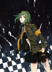  fork gloves green_hair gumi jacket knife mouseqi necktie red_eyes short_hair skirt solo vocaloid 