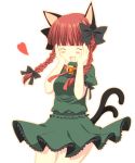  1girl :3 animal_ears bangs bell blunt_bangs blush bow braid cat_ears cat_tail closed_eyes eyes_closed hair_bow hands_on_own_cheeks hands_on_own_face happy heart jingle_bell kaenbyou_rin multiple_tails oniku-chan open_mouth red_hair redhead simple_background skirt skirt_set smile solo tail touhou twin_braids twintails white_background 