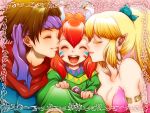  2boys 2girls androgynous blonde_hair breasts brown_hair cheek_kiss cleavage closed_eyes double_cheek_kiss earrings eyes_closed facepaint hairband happy hoop_earrings jewelry kiss large_breasts lilysick multiple_boys multiple_girls open_mouth pointy_ears ponytail popoie purim randi red_hair redhead seiken_densetsu seiken_densetsu_2 