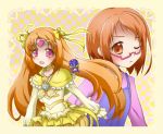  bow brooch brown_eyes brown_hair bubble_skirt choker circlet cure_muse cure_muse_(yellow) dress dual_persona fairy_tone frills frown glasses hair_ribbon heart jewelry kureha_yuu magical_girl multiple_girls pink-framed_glasses precure red_eyes ribbon shirabe_ako short_hair smile suite_precure wink 