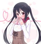  1girl black_hair blush brown_eyes gift heart k-on! k10k long_hair nakano_azusa ribbed_sweater scarf solo sweater twintails valentine 