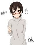  brown_eyes brown_hair casual glasses half_rim_glasses ikari_manatsu k-on! manabe_nodoka red-framed_glasses semi-rimless_glasses smile solo sweater under-rim_glasses v 