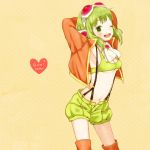  arms_up boots breasts goggles goggles_on_head green_eyes green_hair gumi headphones jacket megpoid_(vocaloid3) midriff mizutamako navel open_mouth short_hair shorts smile solo suspenders thigh-highs thigh_boots thighhighs under_boob underboob vocaloid wink 
