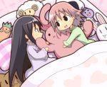  :3 :d akemi_homura bed black_eyes black_hair blanket carrot eggplant eye_contact hair_down kaname_madoka looking_at_another lying mahou_shoujo_madoka_magica monsterheart multiple_girls open_mouth pajamas pillow pink_hair shared_blanket sheep smile stuffed_animal stuffed_toy under_covers 