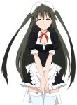  apron black_hair breasts closed closed_eyes cuffs eyes garter_straps hair_ribbon highres incredibly_absurdres long_hair maid maid_headdress mayo_chiki! red_eyes ribbon skirt solo suzutsuki_kanade thigh-highs thighhighs twintails two_side_up vector_trace white_legwear 