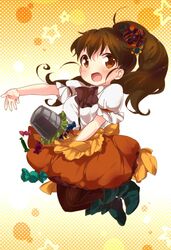  blush boots brown_eyes brown_hair bubble_skirt bucket candy dress hair_ornament halloween long_hair orange_dress pantyhose ponytail skirt smile taneshima_popura working!! 