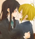  akiyama_mio black_hair brown_hair closed_eyes eyes_closed gogono_pan'ya gogono_panya hair_down hug incipient_kiss k-on! long_hair multiple_girls mutual_yuri school_uniform short_hair tainaka_ritsu yuri 