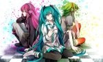  aqua_eyes aqua_hair bad_id black_legwear blue_eyes braid color green_eyes green_hair gumi hand_in_hair hand_on_own_chest hand_to_chest hatsune_miku headphones long_hair megpoid megurine_luka multiple_girls necktie orange_legwear pants pink_hair shirt short_hair sitting skirt skirt_set thigh-highs thighhighs tile_floor tiles twin_braids twintails vocaloid yuzuki_karu 