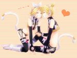  boots brother_and_sister cat_tail cosplay detached_sleeves grin hair_ornament hair_ribbon headphones heart irono_yoita kagamine_len kagamine_rin kaito kaito_(cosplay) kemonomimi_mode midriff navel project_diva project_diva_2nd ribbon short_hair siblings sitting smile tail thigh-highs thighhighs twins vocaloid 
