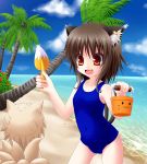  animal_ears anni_minto beach brown_hair bucket cat_ears chen coconut crab earrings fang highres jewelry ocean one-piece_swimsuit red_eyes sand_sculpture school_swimsuit solo spade swimsuit touhou water yakumo_ran 