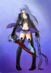  1girl belt blindfold boots breasts cleavage cloak female genderswap gloves green_eyes highres keyblade kingdom_hearts long_hair midriff pigeon_toed riku short_shorts shorts silver_hair solo soyko thigh_boots thighhighs 