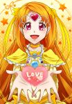  bow brooch choker circlet cure_muse cure_muse_(yellow) earrings frills hair_ribbon heart highres jewelry long_hair magical_girl orange_hair precure red_eyes ribbon shirabe_ako smile solo star starry_background suite_precure tenten_(tenten2) 