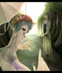  alternate_costume bare_shoulders bespectacled blue_hair casual contemporary fang glasses hands hat highres izayoi_sakuya letterboxed multiple_girls no_wings outdoors parasol pov red_eyes regura remilia_scarlet short_hair silver_hair touhou umbrella 