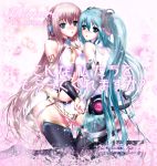  breast_press breasts bridal_gauntlets hand_holding hatsune_miku hatsune_miku_(append) highres holding_hands kneeling long_hair megurine_luka megurine_luka_(append) miku_append multiple_girls nail_polish nohoho_(kakikonchi) symmetrical_docking thigh-highs thighhighs twintails very_long_hair vocaloid vocaloid_append 