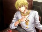  blonde_hair bracelet cup fate/stay_night fate/zero fate_(series) gilgamesh hitoha jewelry male necklace red_eyes short_hair solo wine wine_glass 