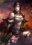  armor belt black_eyes black_hair boots breasts cleavage earrings female gauntlets jewelry kageco necklace sai_(weapon) shin_sangoku_musou short_hair shoulder_pads solo wang_yi 