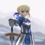  ahoge armor bad_id blonde_hair excalibur fate/stay_night fate_(series) gauntlets gloves green_eyes hand_on_hilt highres mountain saber short_hair siraha solo sword sword_rest weapon wind 