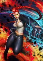  capcom cleavage crimson_viper electricity gotgituey midriff motion_blur necktie pompadour punching street_fighter street_fighter_iv sunglasses 