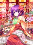  ahoge bad_id blush brush floral_print flower hair_flower hair_ornament hieda_no_akyuu highres japanese_clothes kimono nekosugiayana purple_eyes purple_hair sash scroll short_hair sitting solo touhou violet_eyes 