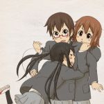  &gt;_&lt; black_hair bonjin brown_eyes brown_hair closed_eyes eyes_closed glasses hirasawa_ui hirasawa_yui hug k-on! long_hair manabe_nodoka nakano_azusa school_uniform 