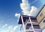  cloud coach_(artist) condensation_trail contrail copyright_request highres no_humans railing scenery sky stairs 